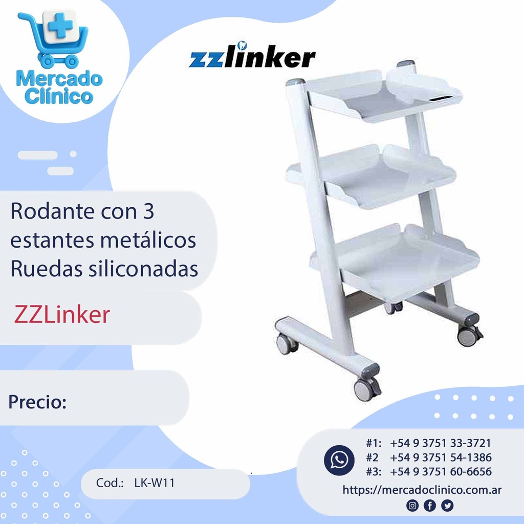 Rodante con 3 estantes metálicos Ruedas siliconadas - ZZLinker