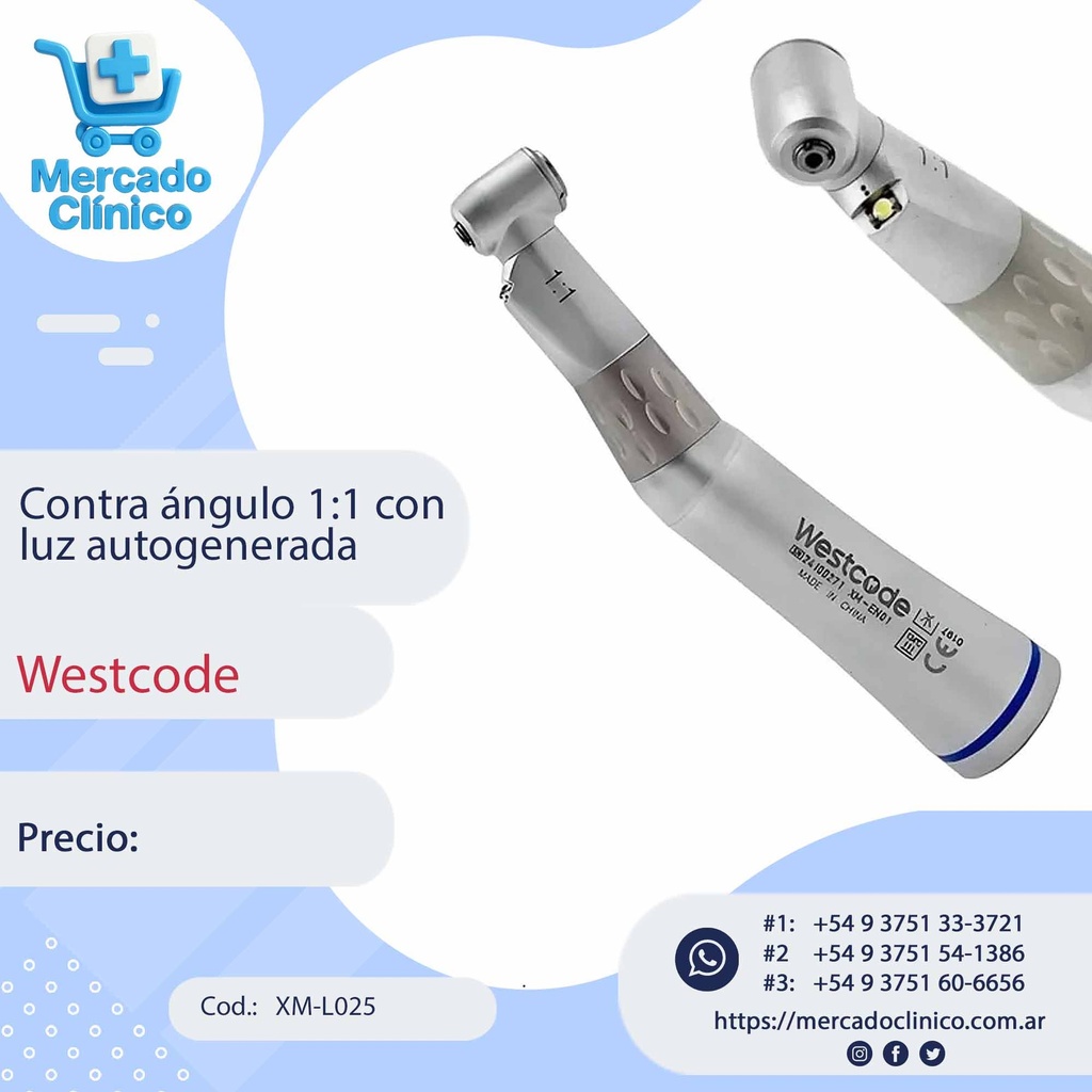 Contra ángulo 1:1 con luz autogenerada - Westcode