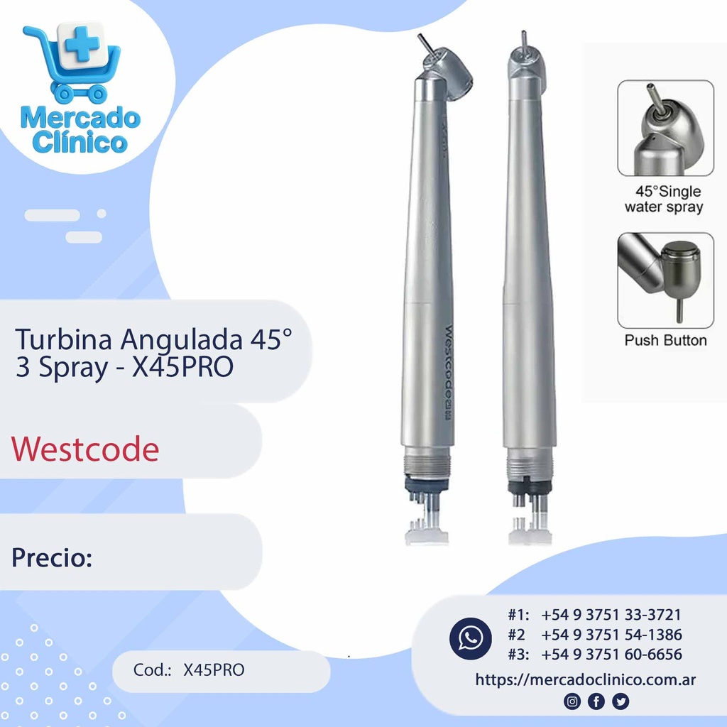 Turbina Angulada 45° 3 Spray - X45PRO - Westcode