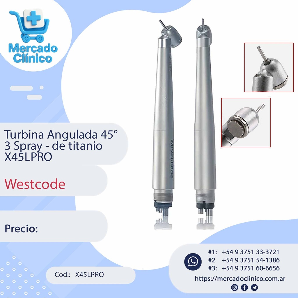 Turbina Angulada 45° 3 Spray - de titanio  X45LPRO
