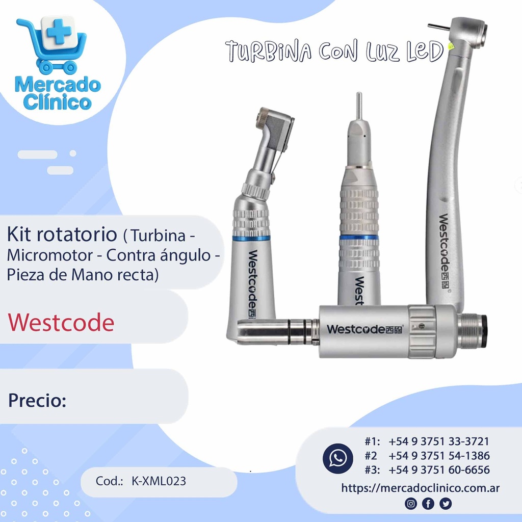 Kit Rotatorio (Turbina con led - Micromotor - Contra ángulo - Pieza de mano recta) - Westcode 