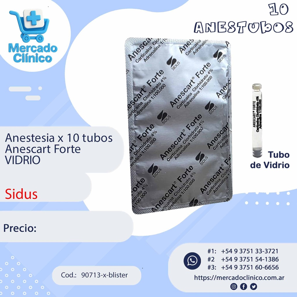 Anestesia - Anescart Forte TUBO VIDRIO- x blister de 10 anestubos-Sidus