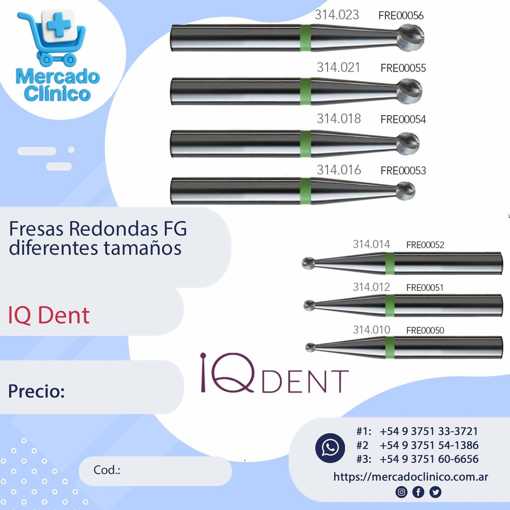 Fresas Redondas Cortas - FG diferentes tamaños X UNIDAD - IQ Dent