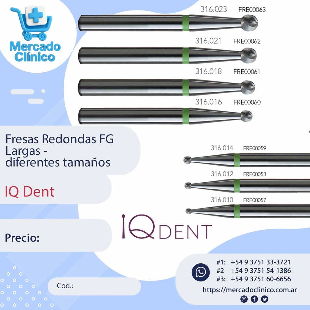 Fresas Redondas Largas FG diferentes tamaños X UNIDAD - IQ Dent