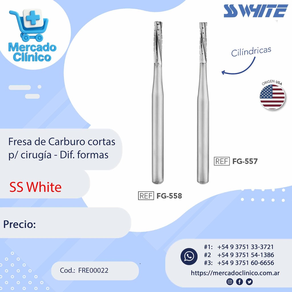 Fresa de Carburo cortas p/ cirugía cilindrica - Dif. formas