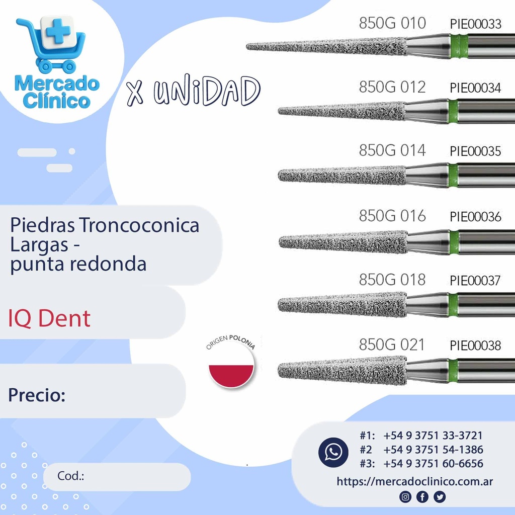Piedras Troncoconica Largas - punta redondeada - IQ Dent
