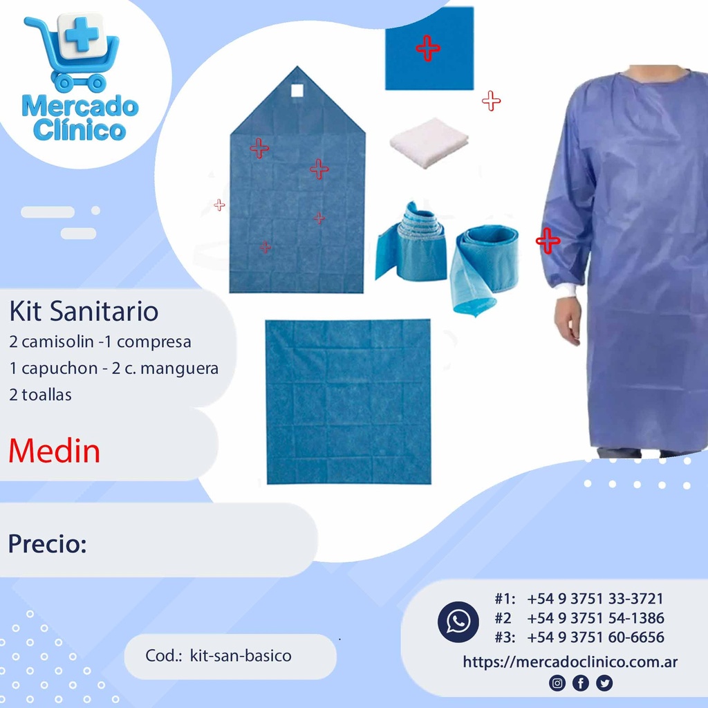 Kit sanitario descartable esteril  (2 camisolin, 1 compresa, 1 capuchon, 2 cubre manguera, 1 naylon, 2 toallas.) - Medin