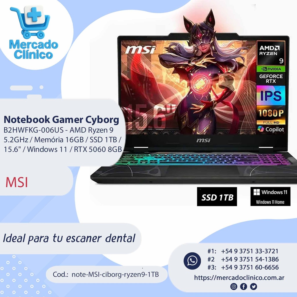 Notebook Cyborg 15 B2HWFKG-006US - AMD Ryzen 9 5.2GHz / Memória 16GB / SSD 1TB / 15.6" / Windows 11 / RTX 5060 8GB -MSI
