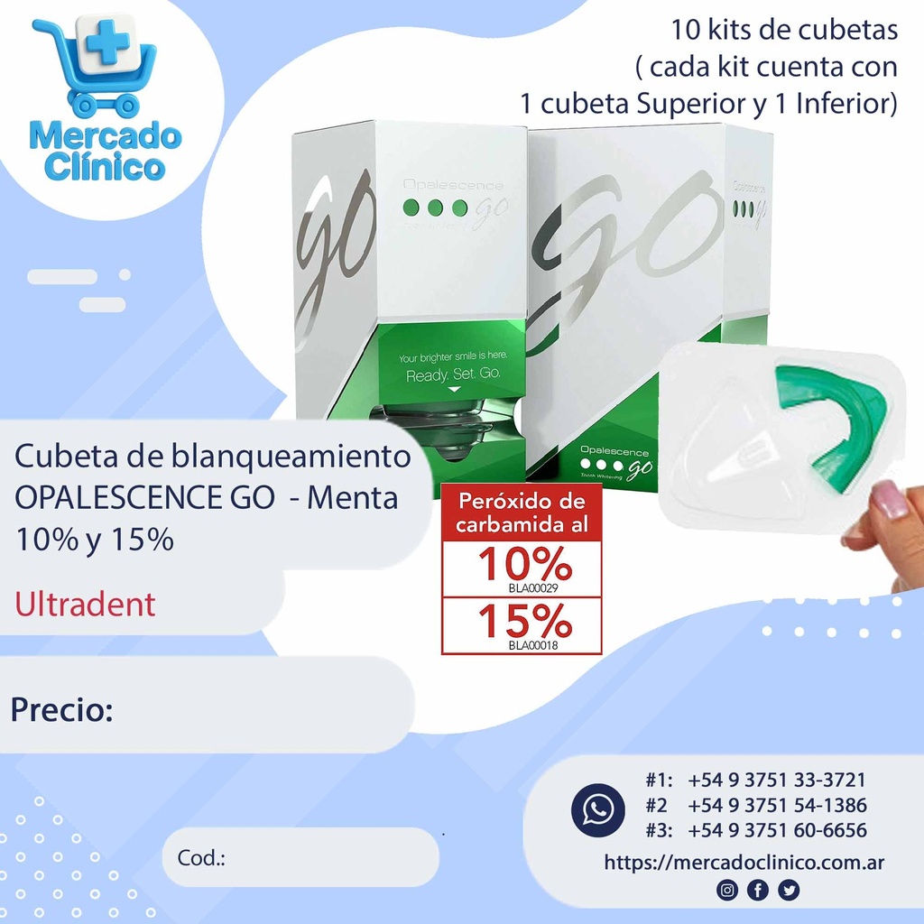 Cubetas de blanqueamiento OPALESCENCE GO  al 15%,  sabor MENTA - ULTRADENT