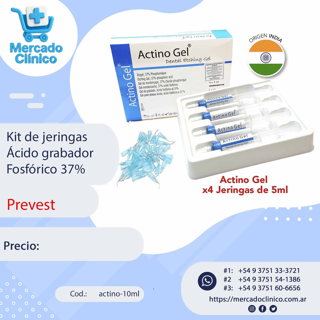 Kit de 4 jeringas - Ácido grabador Fosfórico 37% Actino Gel - 5ml cada