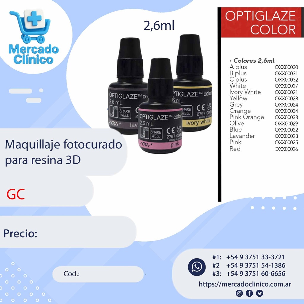 Maquillaje fotocurado Optiglaze Color para resina 3D / composite / bases acrilicas / dientes acrilicos - 2,6ml - GC