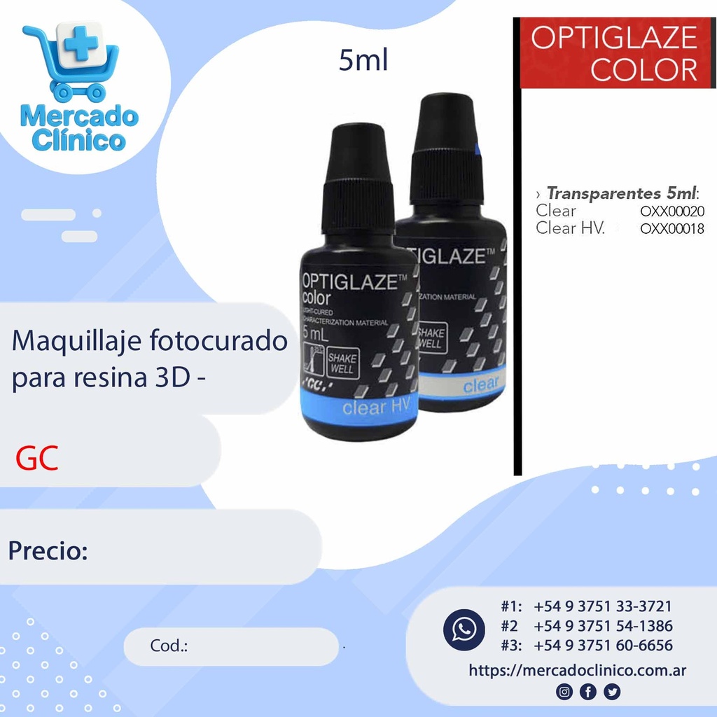 Maquillaje fotocurado Optiglaze Color para resina 3D / composite / bases acrilicas / dientes acrilicos - 2,6ml - GC (copia)