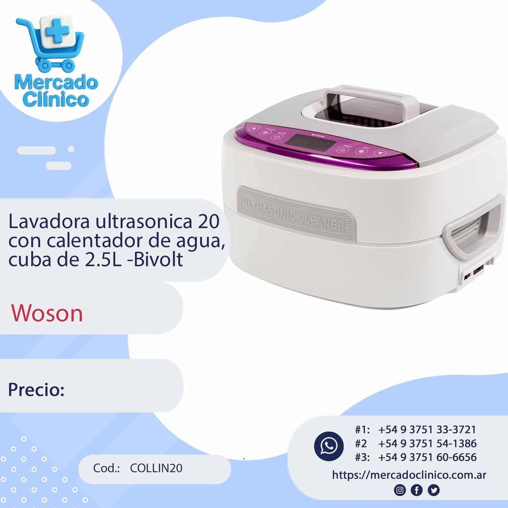 Lavadora ultrasonica 20, con calentador de agua, cuba de 2.5L -Bivolt - Woson