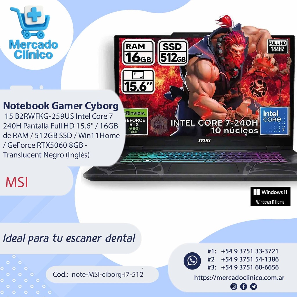 Notebook Gamer MSI Cyborg 15 B2RWFKG-259US Intel Core 7 240H Pantalla Full HD 15.6" / 16GB de RAM / 512GB SSD / Win11Home / GeForce RTX5060 8GB - Translucent Negro (Inglés)- MSI