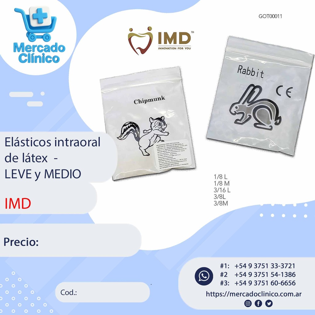 Gomas Elástico intraoral de látex LEVE y MEDIO -  X 100 UNIDADES - intermaxilar -  IMD