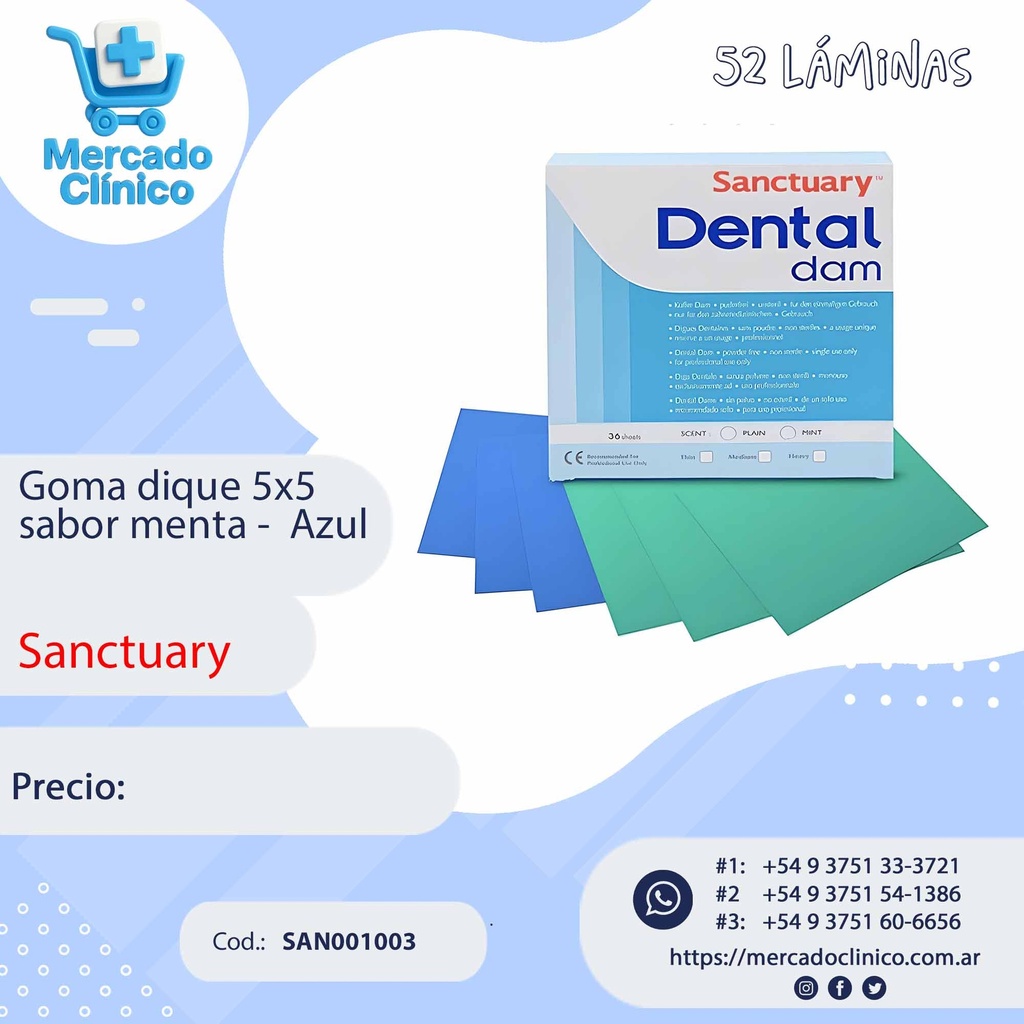 Goma Dique sabor menta 5x5 Azul - Sanctuary 