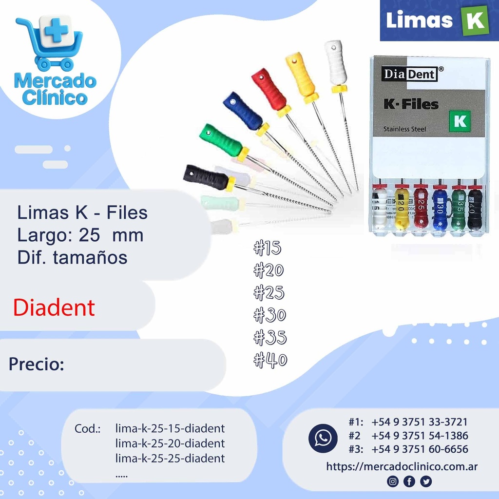 Limas K - 25 mm X6 - Tamaños: #15 #20 #25 #35 #40 #45- Diadent