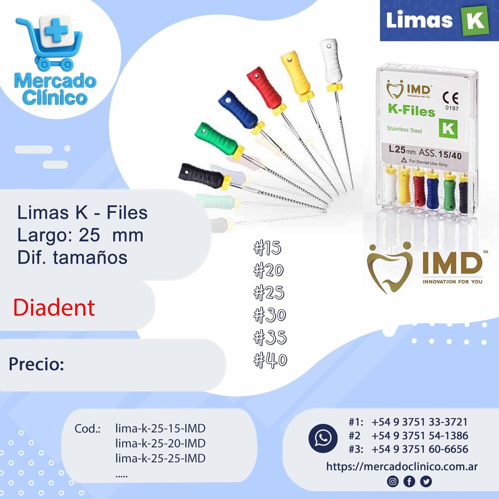 Limas K - 25 mm X6 - Tamaños: #15 #20 #25 #35 #40 - IMD