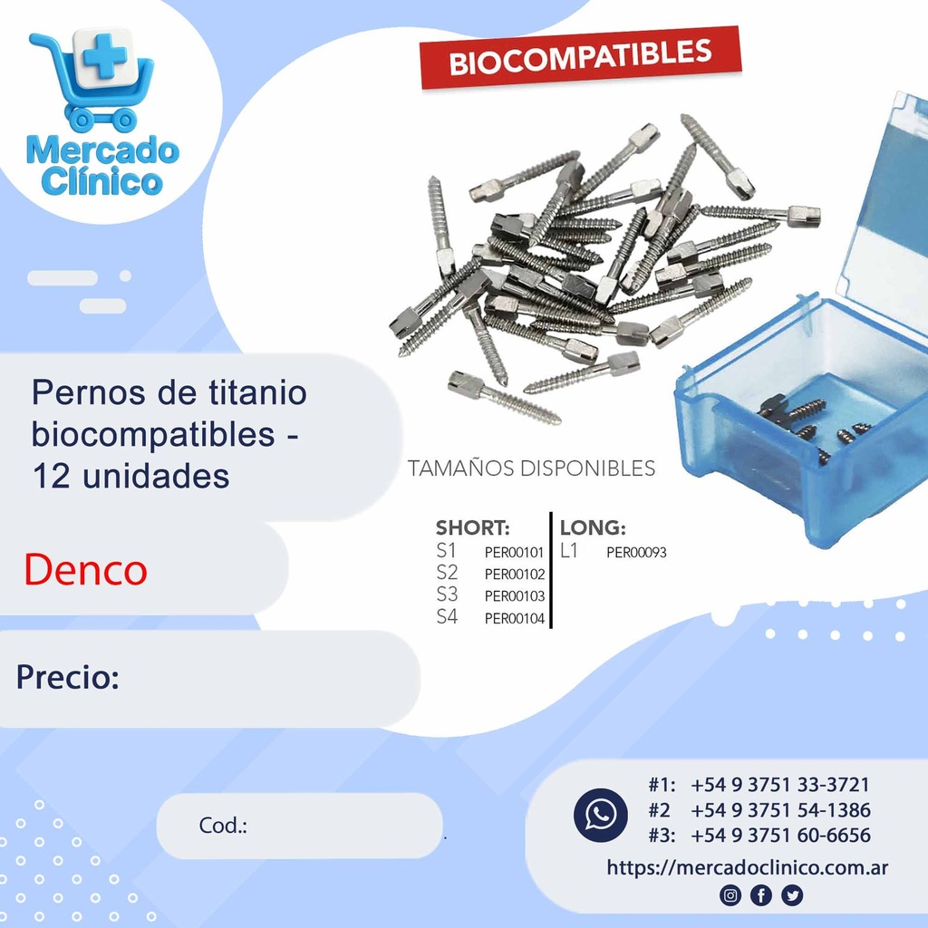 Pernos de titanio biocompatibles - caja x 12 unidades - Denco