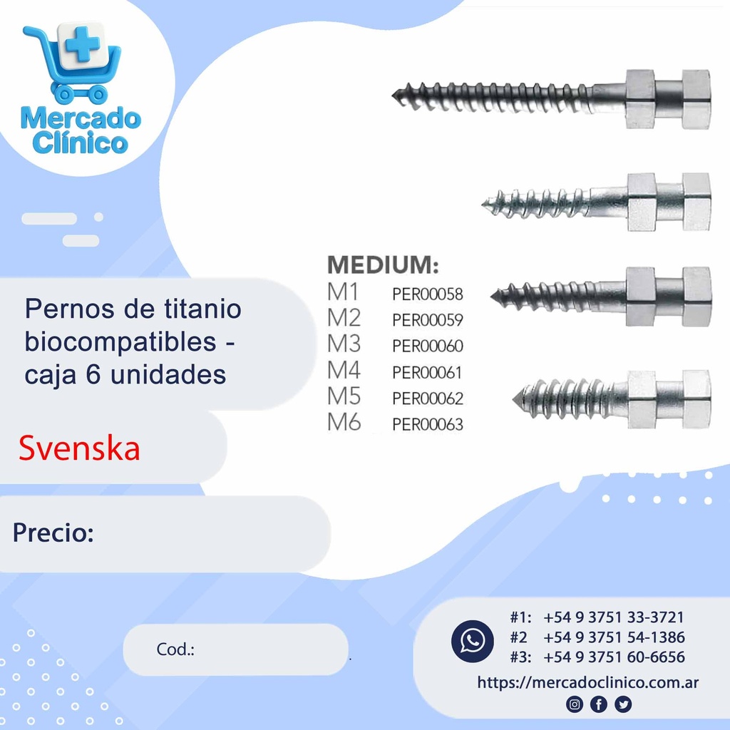 Pernos de titanio biocompatibles Long - caja 6 unidades - Svenska