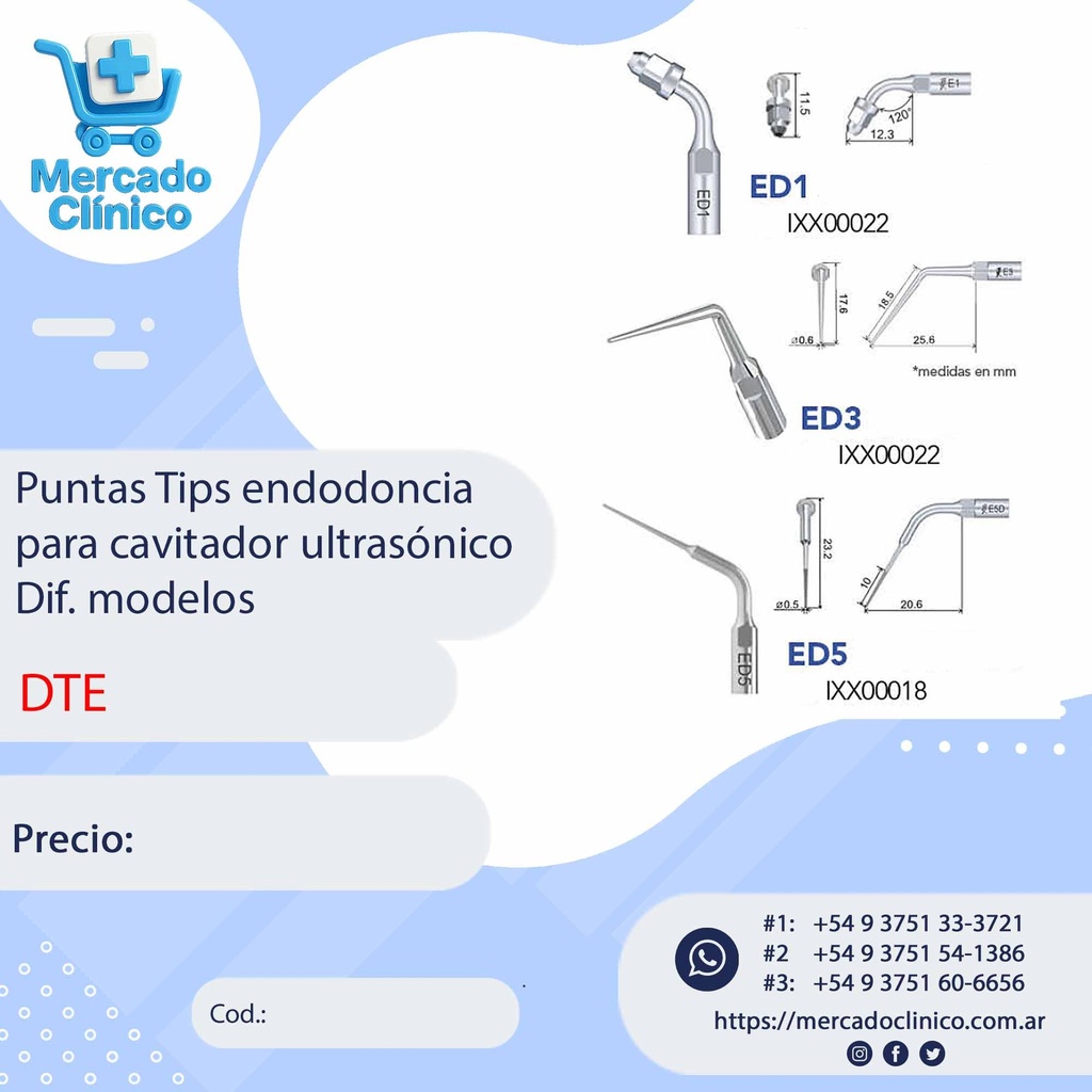 Puntas Tips endodoncia para cavitador ultrasónico Dif. modelos - DTE
