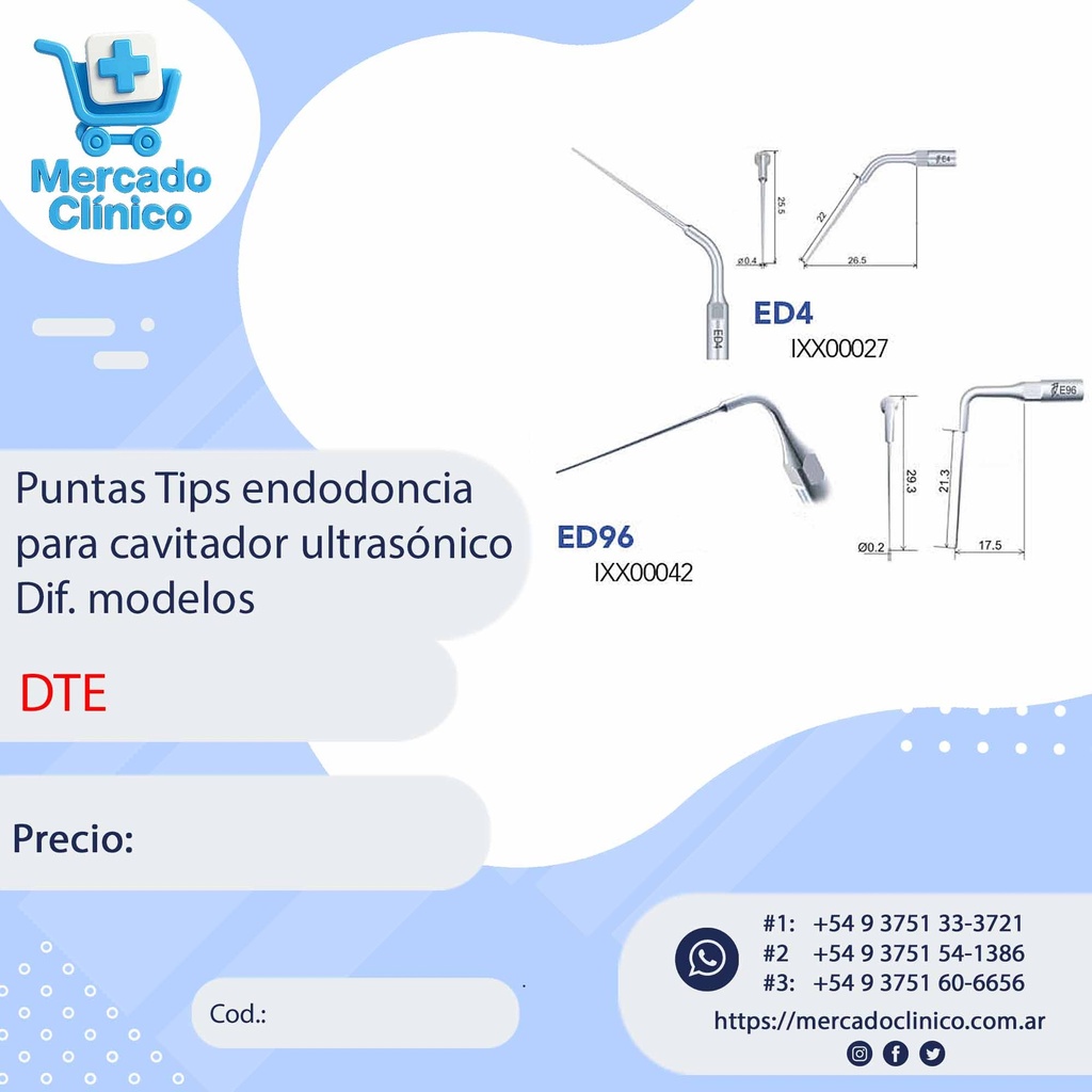 Puntas Tips endodoncia para cavitador ultrasónico Dif. modelos - DTE