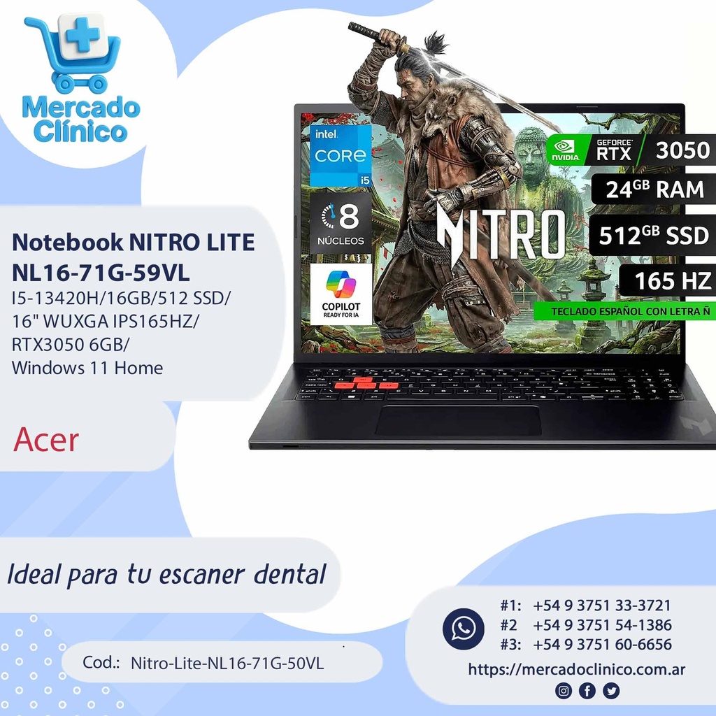NOTEBOOK ACER NITRO LITE NL16-71G-59VL I5-13420H/16GB/512 SSD/16" WUXGA IPS165HZ/RTX3050 6GB/W11H ESPAÑOL - ACER