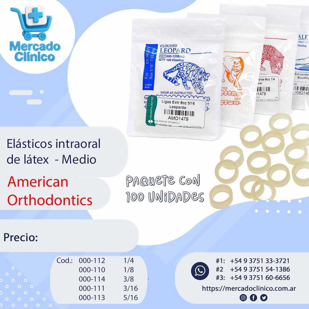 Gomas Elástico MEDIO intraoral de látex  X 100 UNIDADES  - American Orthodontics