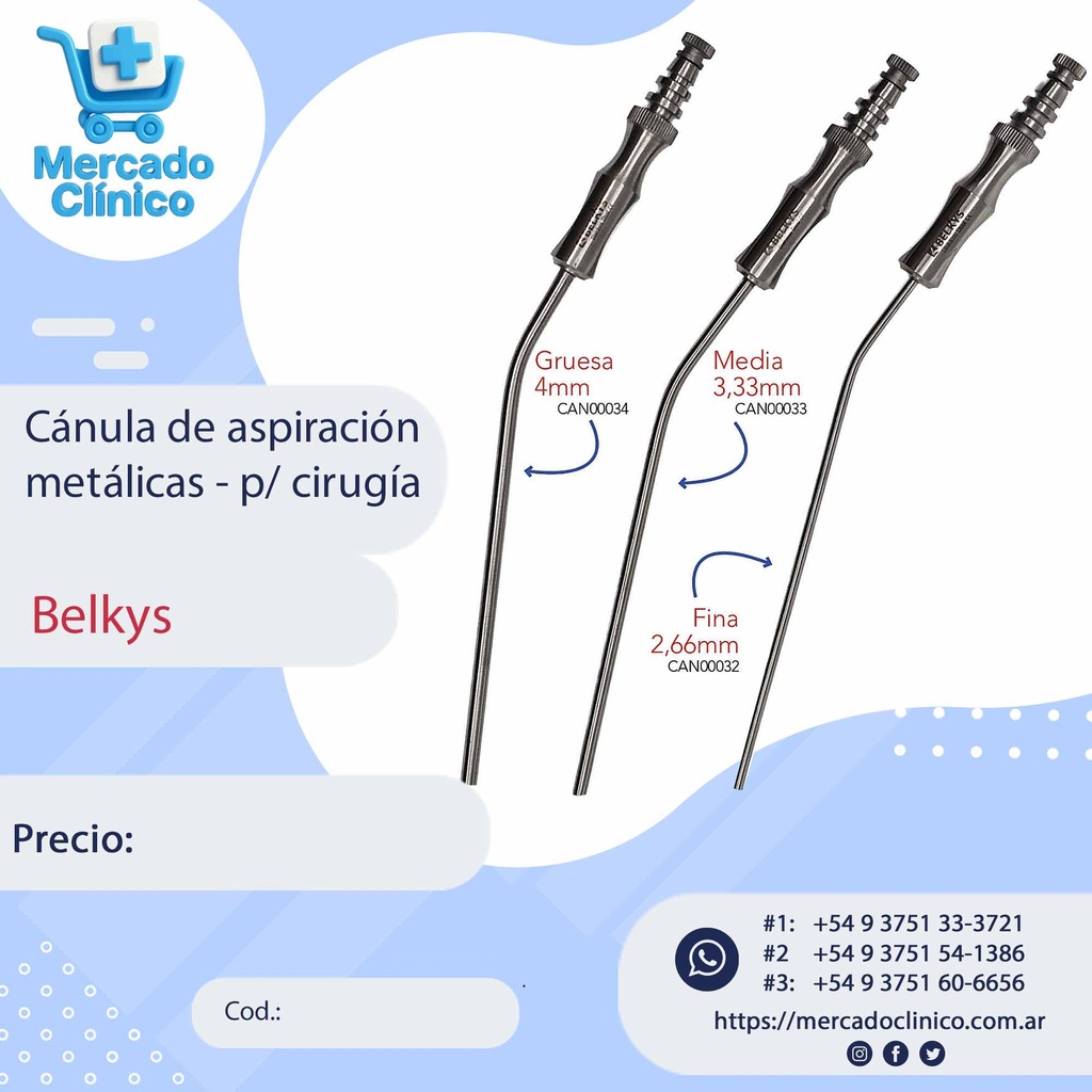 Cánula de aspiración metálica p/ cirugía - Belkys