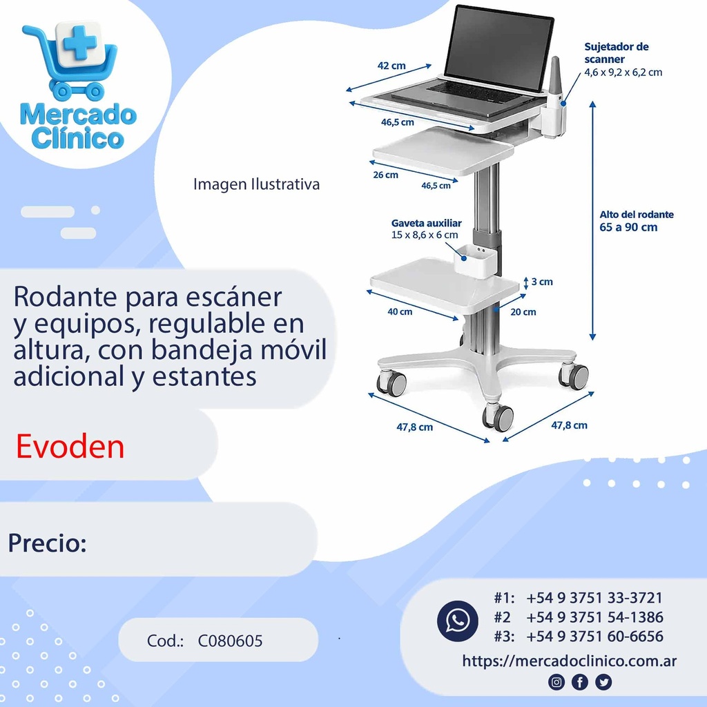 Rodante para escáner y equipos, regulable en altura, con bandeja móvil adicional y estantes. EVODEN