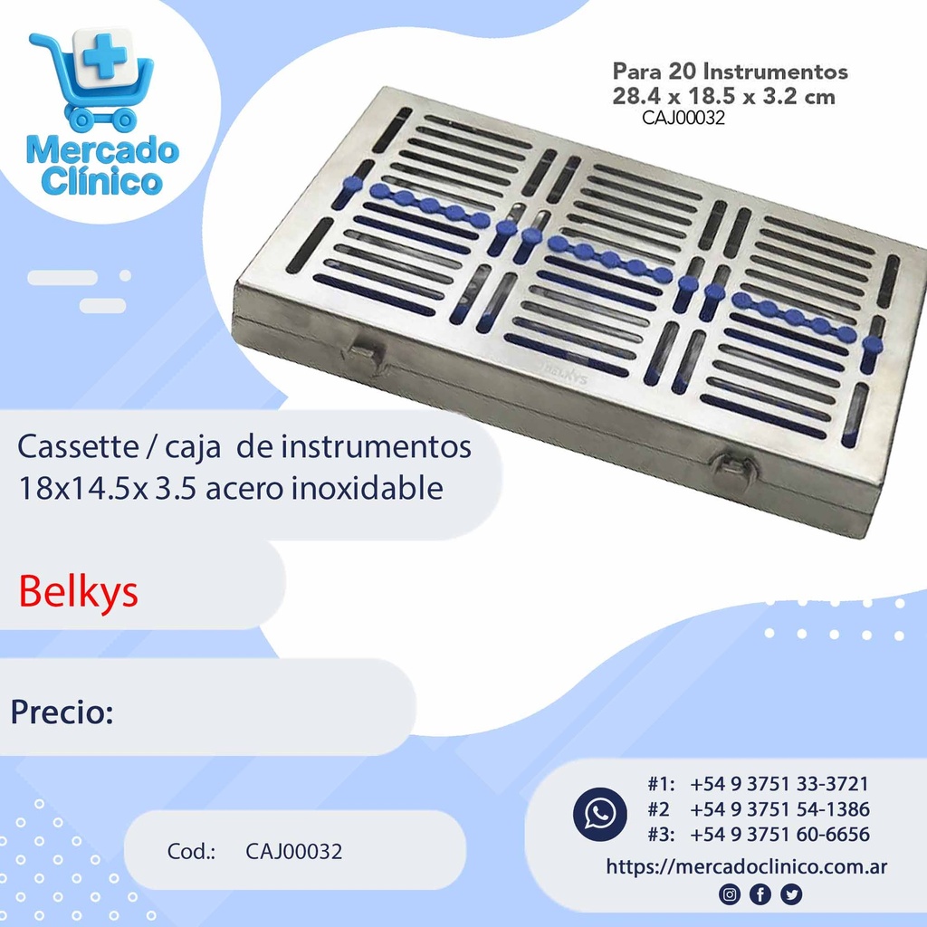 Cassette / caja  de instrumentos  18x14.5x 3.5 acero inoxidable - Belkys