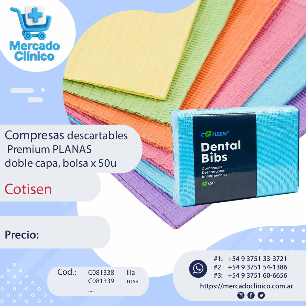 Compresas descartables Premium PLANAS COLOR  doble capa, bolsa x 50u - COTISEN