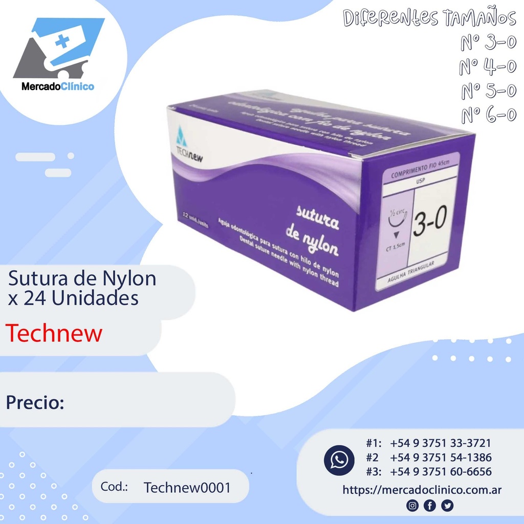 Sutura Nylon - 24 unidades - Esteriles - con Agujas - Technew