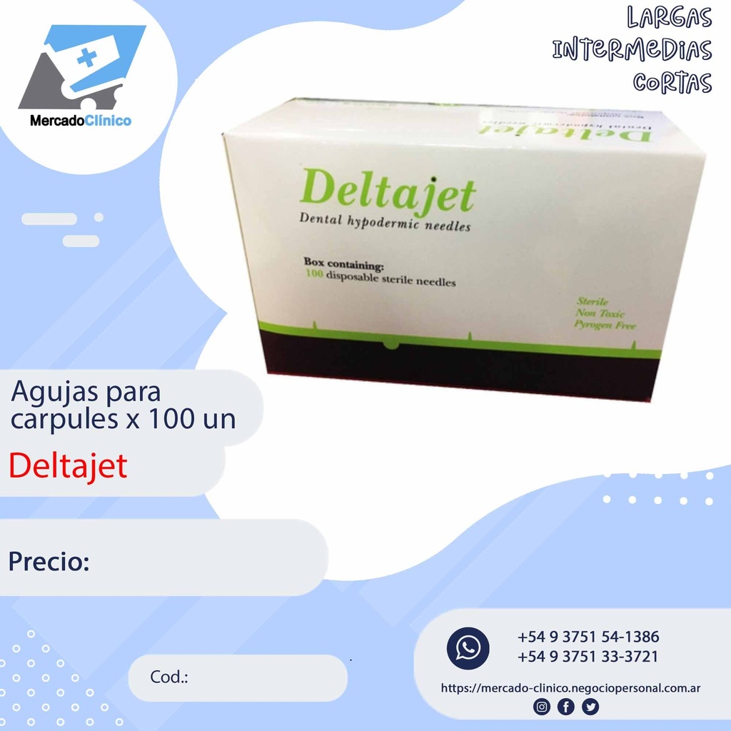Agujas para carpules - x 100 un - Deltajet