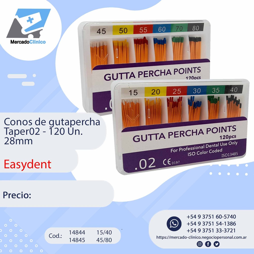 Conos de gutapercha Taper02  - 120 Un. 28mm - Easydent