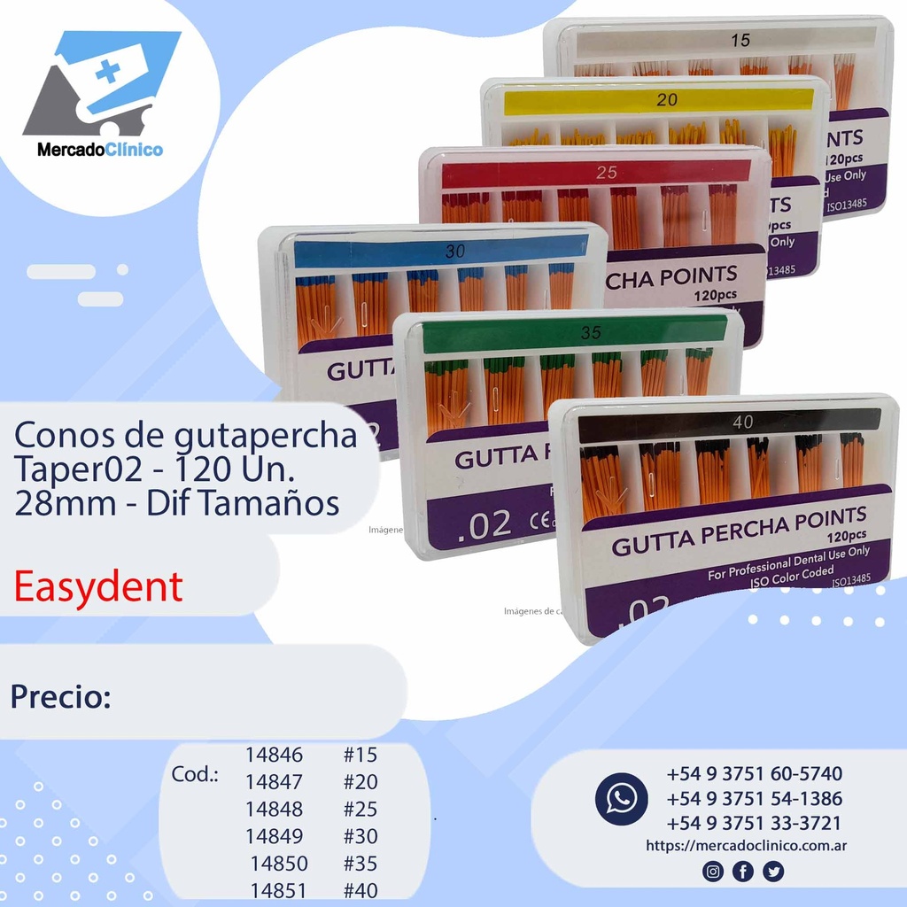 Conos de gutapercha Taper 02 - 120 Un. 28mm - Dif Tamaños - Easydent