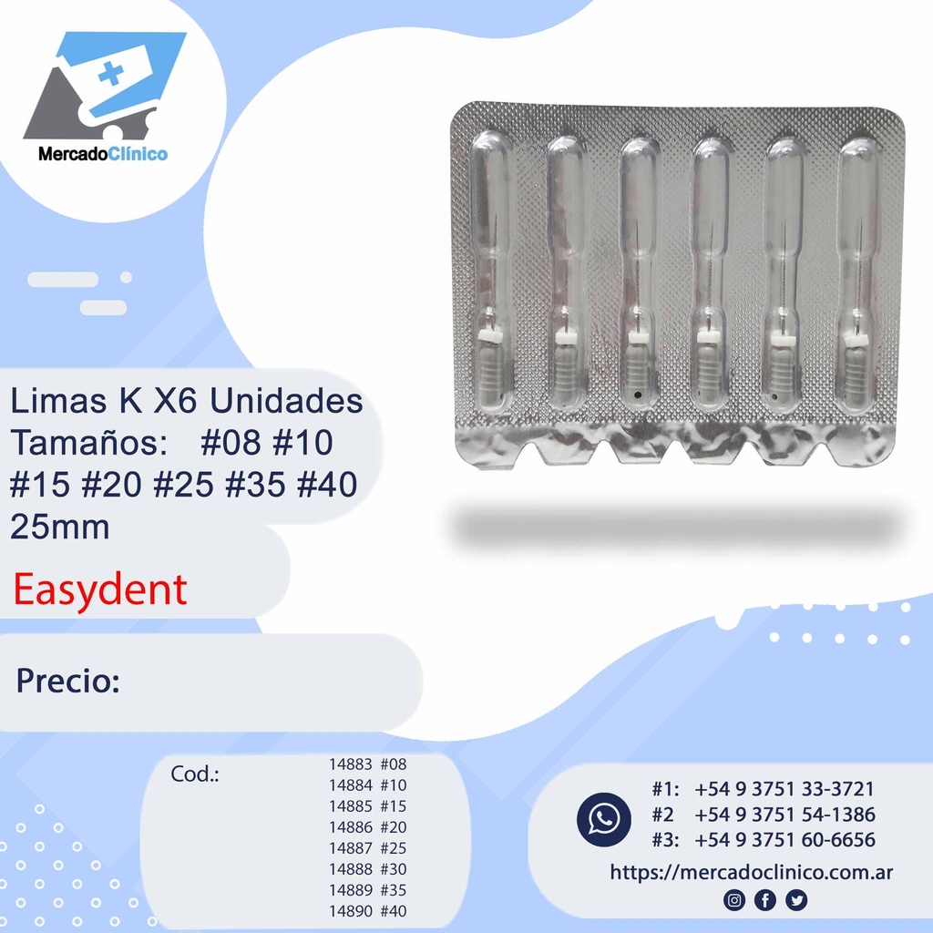 Limas K - X6 Unidades - 25MM (#08-#10-#15-#20-#25-#30-#35-#40) - Easydent
