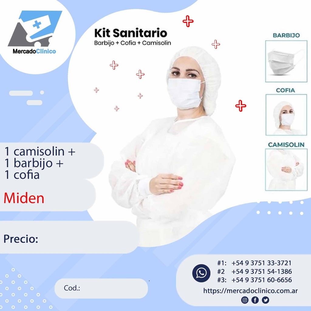 Kit sanitario (1 camisolin .1 barbijo - 1 cofia)