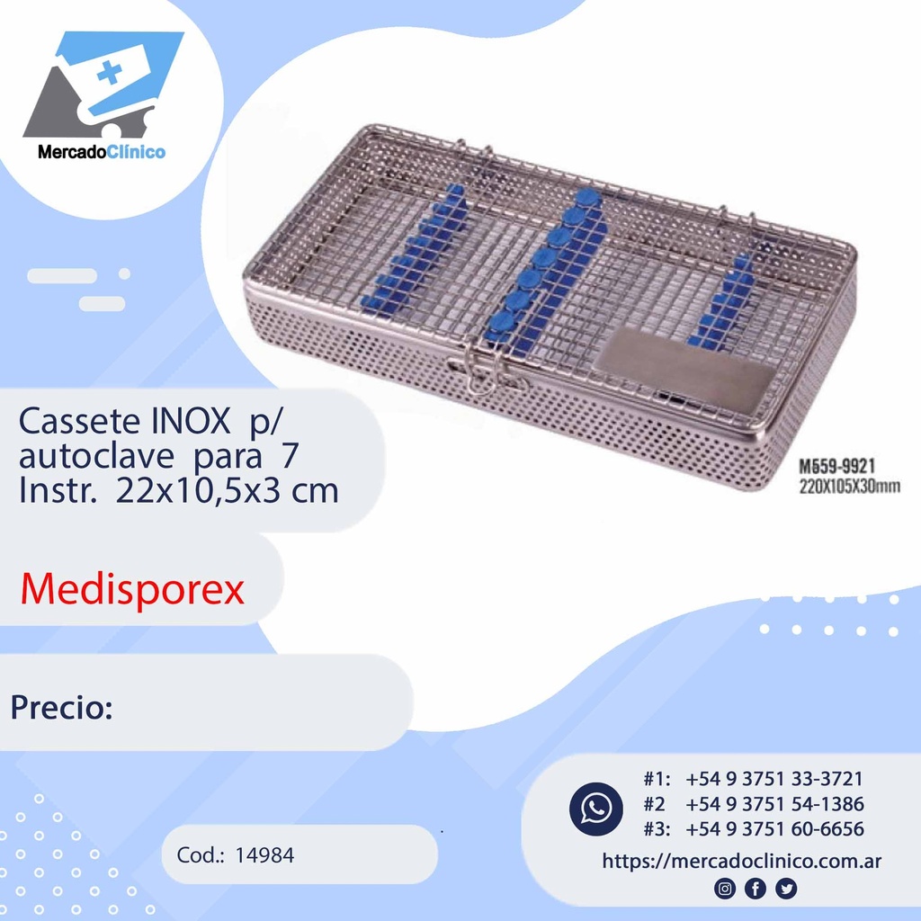 Cassette inoxidable para autoclave Medidas: 220 x 105 x 30 mm PARA 7 INSTRUMENTOS Marca: MEDISPOREX