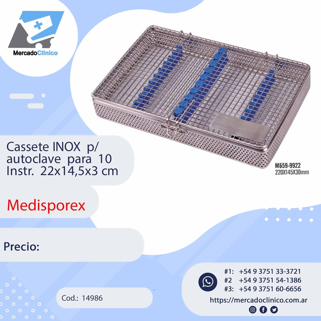 Cassete INOX p/ autoclave para 15 Instr. 22x14,5x3 cm - MEDISPOREX