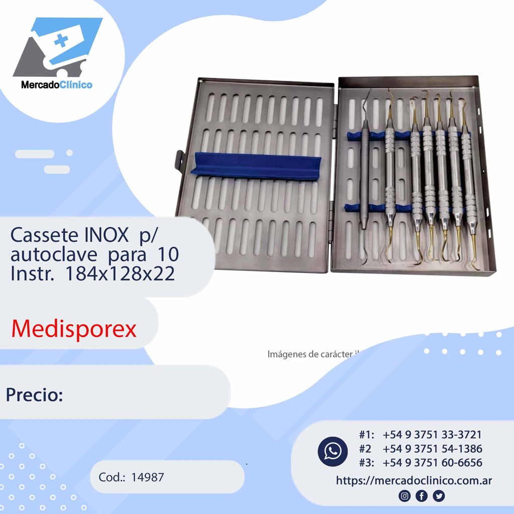 Cassete INOX  p/ autoclave  para  10 Instr.  184x128x22 - MEDIS