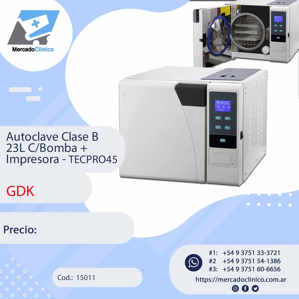 Autoclave Clase B 23L C/Bomba +  Impresora - TECPRO45 - GDK