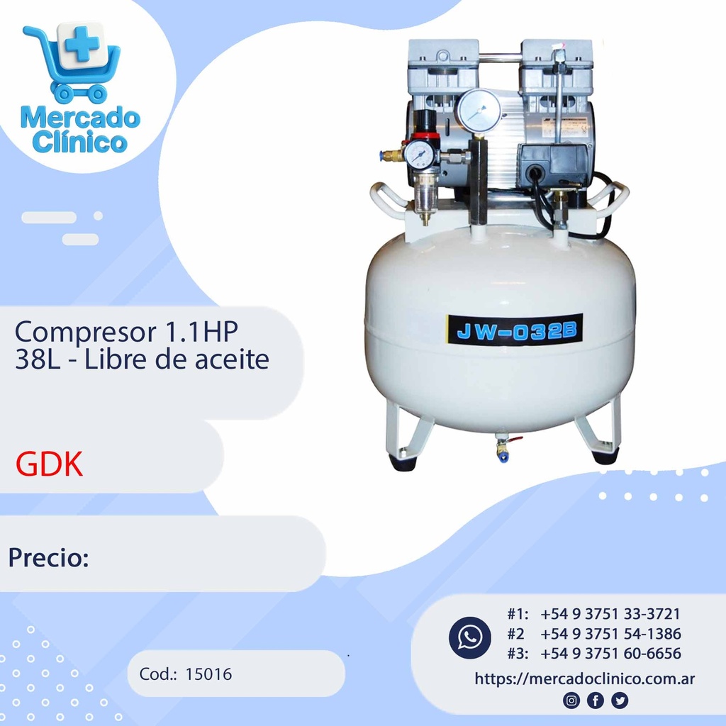 Compresor 1.1HP 38L - Libre de aceite - JUNWEI GDK