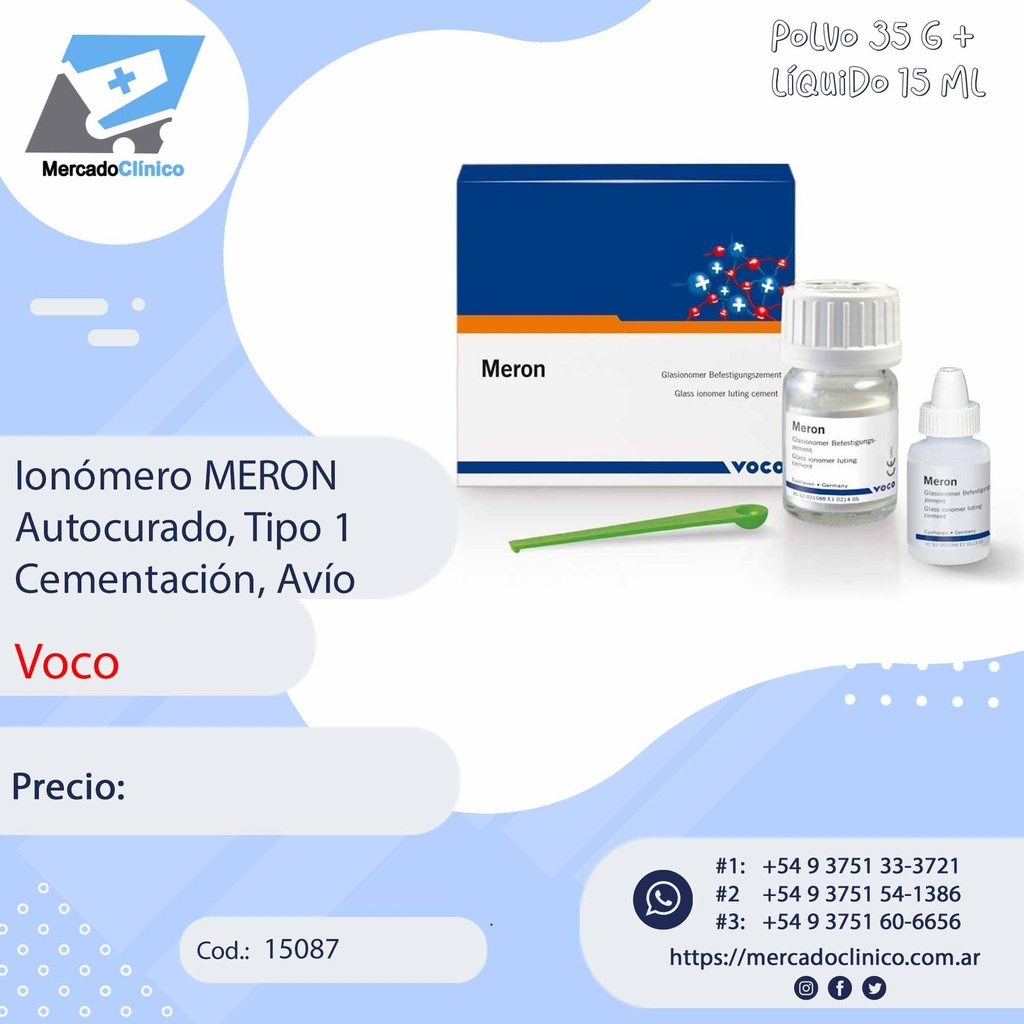 Ionómero MERON  Autocurado, Tipo 1  Cementación, Avío - Voco