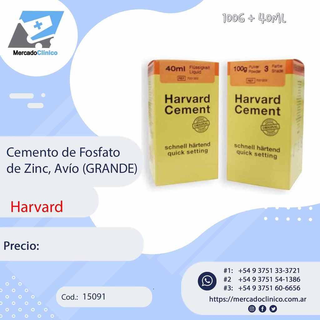 Cemento de Fosfato de Zinc, Avío (GRANDE): 100g + 40ml - HARVARD