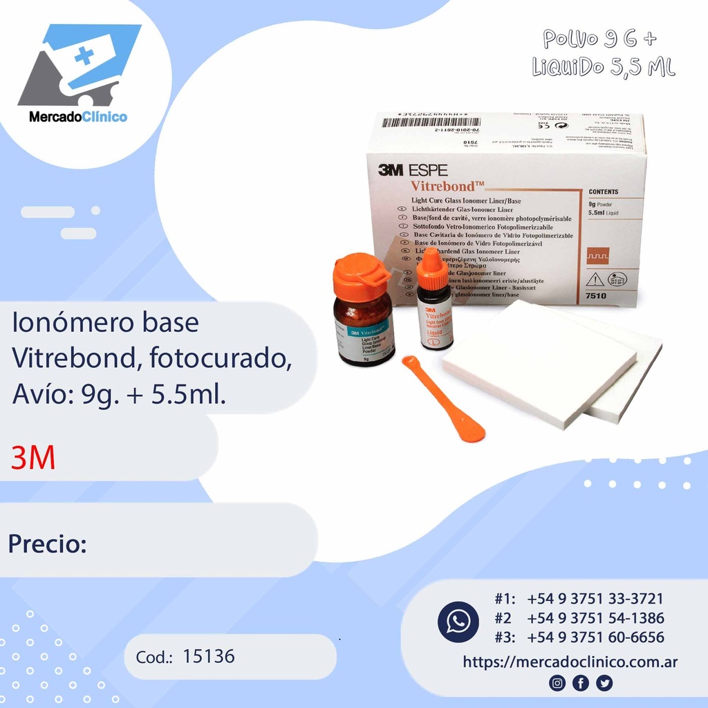 Ionómero base  Vitrebond, fotocurado,  Avío: 9g. + 5.5ml - 3M
