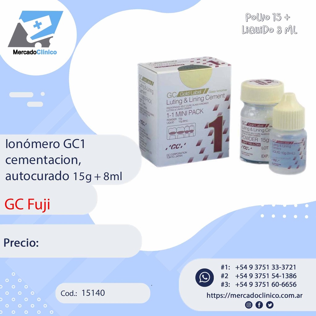 FUJI  1 Ionómero GC1 GOLD LABEL LIGHT YELLOW, cementación, autocurado, Avío: 15gr + 10ml - fuji 1 GC FUJI  1