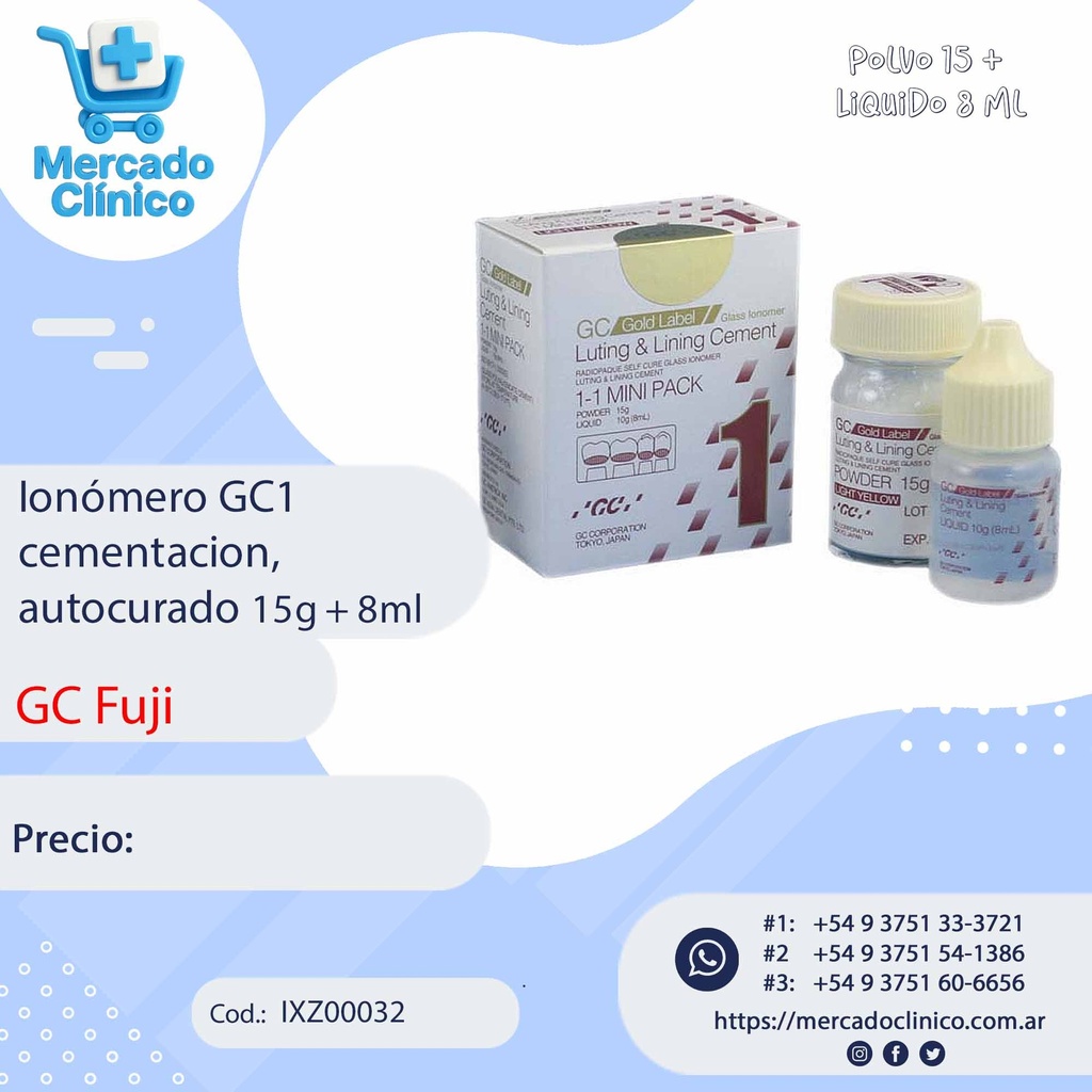 FUJI  1 Ionómero GC1 GOLD LABEL LIGHT YELLOW, cementación, autocurado, Avío: 15gr + 10ml - fuji 1 GC FUJI  1
