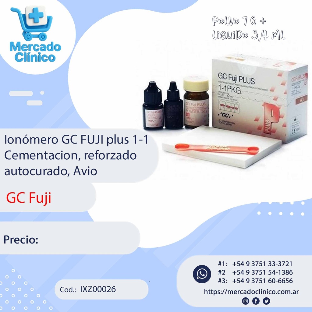 Ionómero GC FUJI plus 1-1 Cementación, reforzado autocurado, Avió - GC FUJI