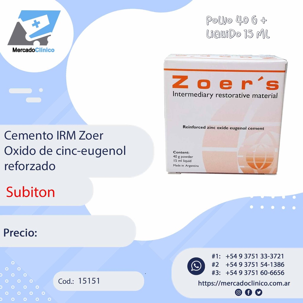 Cemento IRM Zoer  Oxido de cinc-eugenol  reforzado -  (OZER) - SUBITON